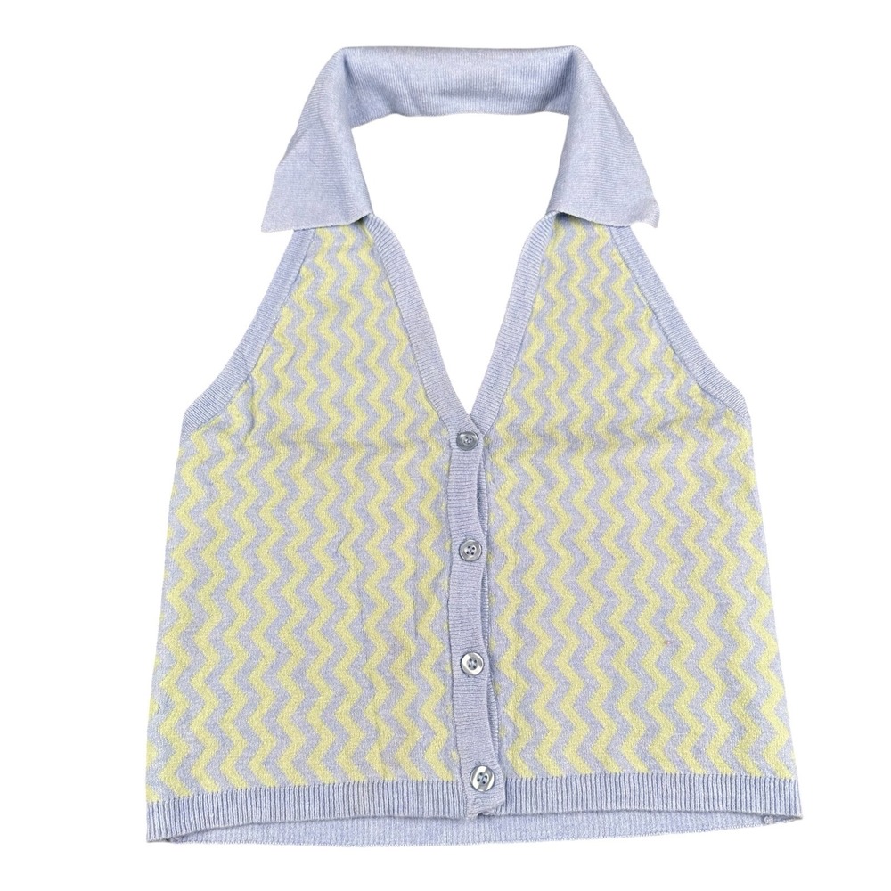 Sweet Republic Blue Yellow Chevron Halter Neck Button Front Knit Crop Top‎ S